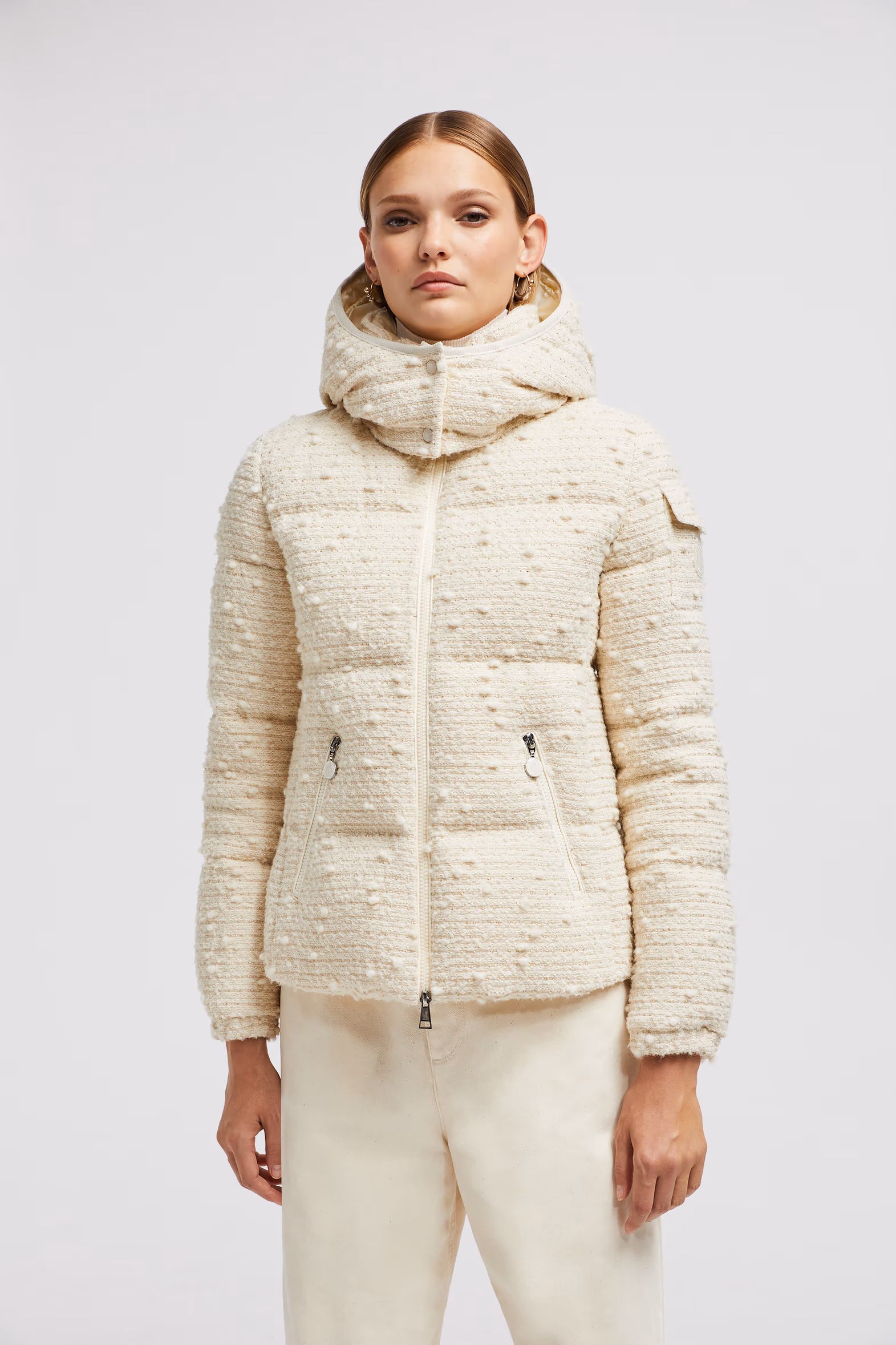 Fourmines Hooded Tweed Short Down Jacket Women White Ivory Moncler 0